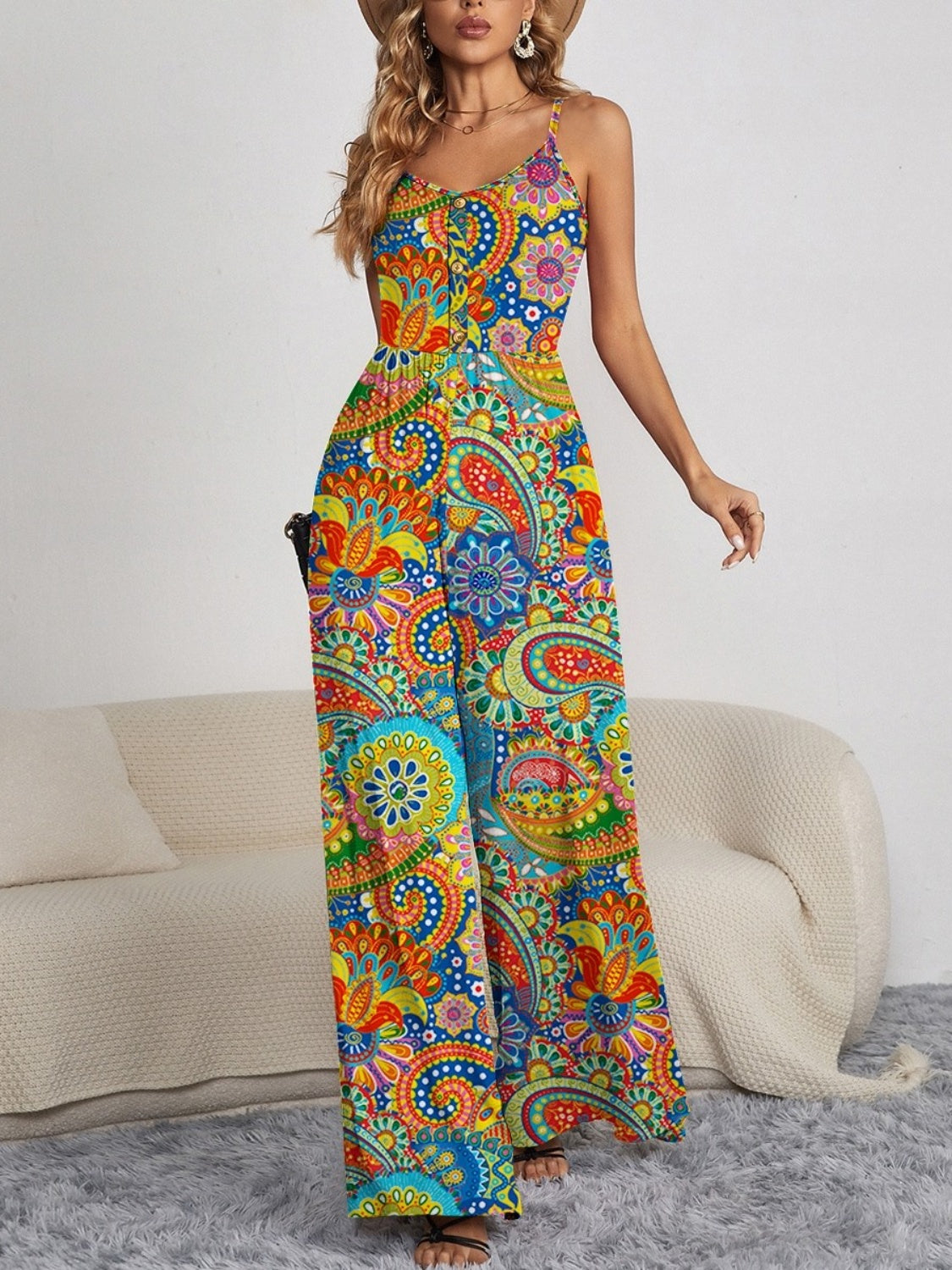 Boho Chic  Decorative Button Spaghetti Strap Wide Leg Jumpsuit [Spirit and Rebel] Multicolor S 