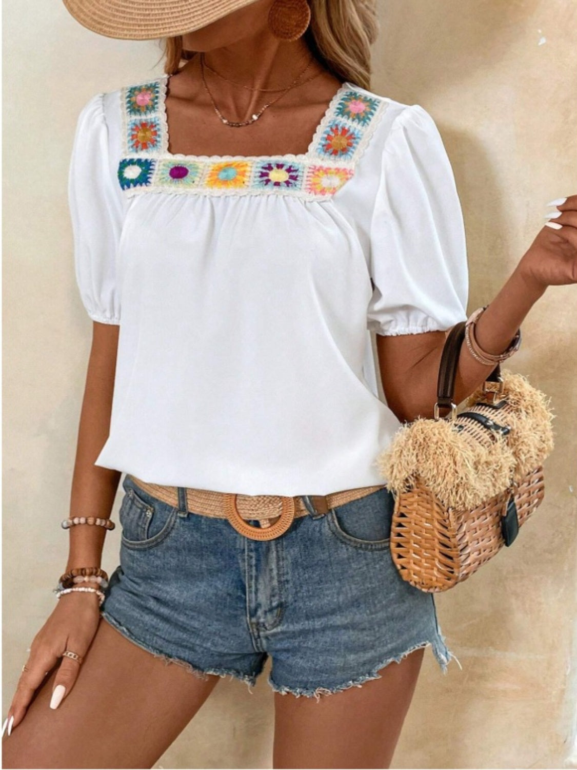 Crochet Square Neck Short Sleeve Boho Blouse - Spirit and Rebel [Spirit and Rebel]   