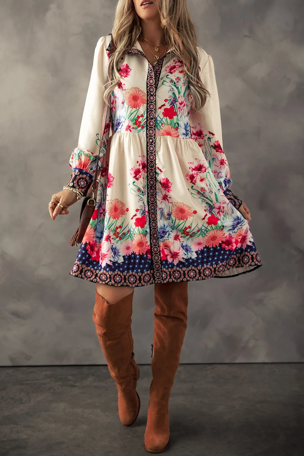 Spirit and Rebel Flower Button Down Lantern Sleeve Dress [Spirit and Rebel]   