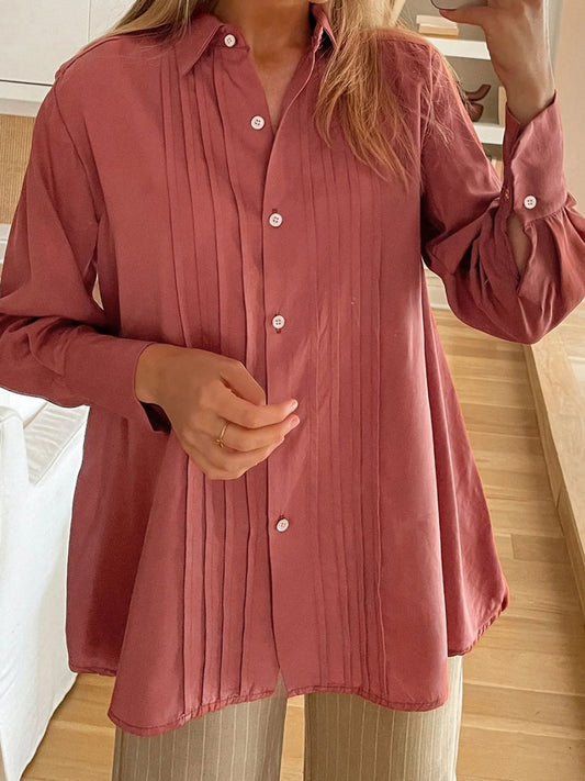 Spirit and Rebel Perfee Ruched Collared Neck Long Sleeve Boho Chic Shirt [Spirit and Rebel] Dusty Pink S 