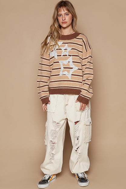 Spirit and Rebel Star Patch Stripe Round Neck Boho Sweater [Spirit and Rebel]   