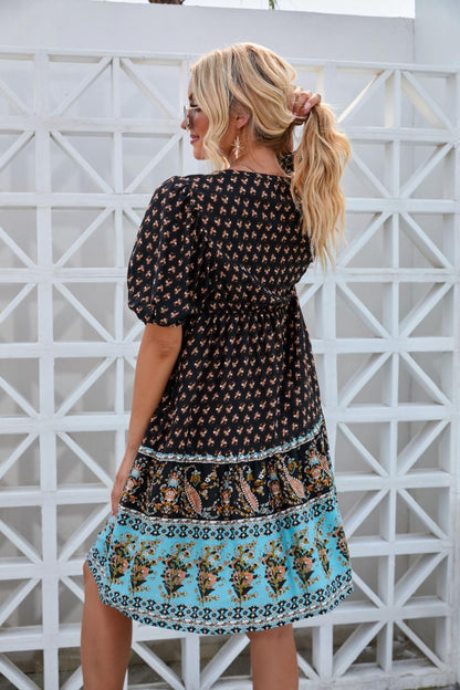 Printed Tie Neck Half Sleeve Boho Dress - Spirit and Rebel [Spirit and Rebel]   