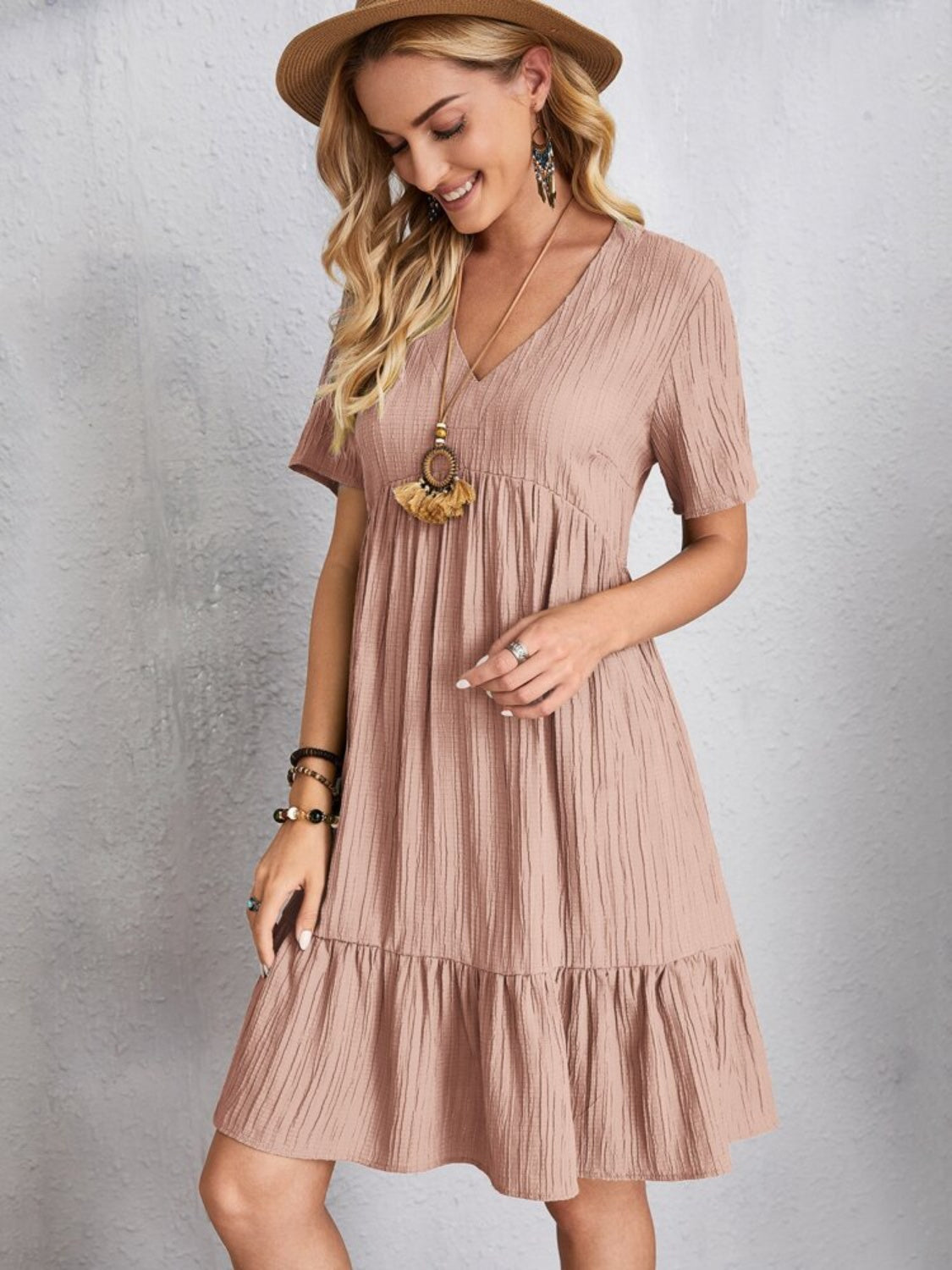 Plus Size V-Neck Short Sleeve Boho Dress - Spirit and Rebel [Spirit and Rebel]   