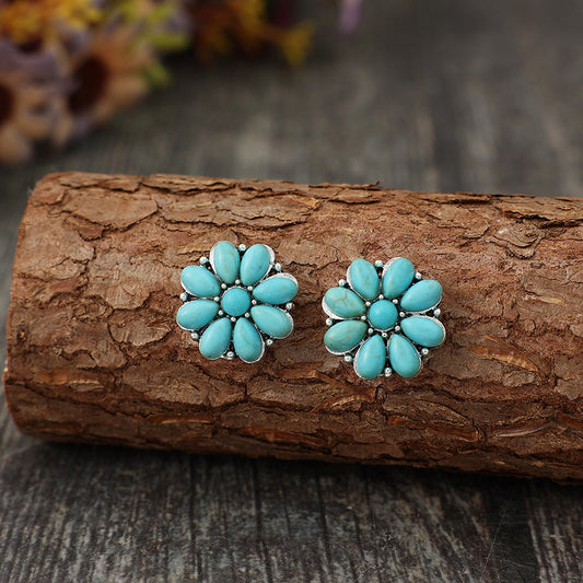 Alloy Turquoise Flower Stud Boho Earrings - Spirit and Rebel [Spirit and Rebel] Turquoise One Size 