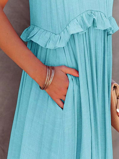 Ruffled Sleeveless Boho Maxi Dress with Pockets [Spirit and Rebel]   