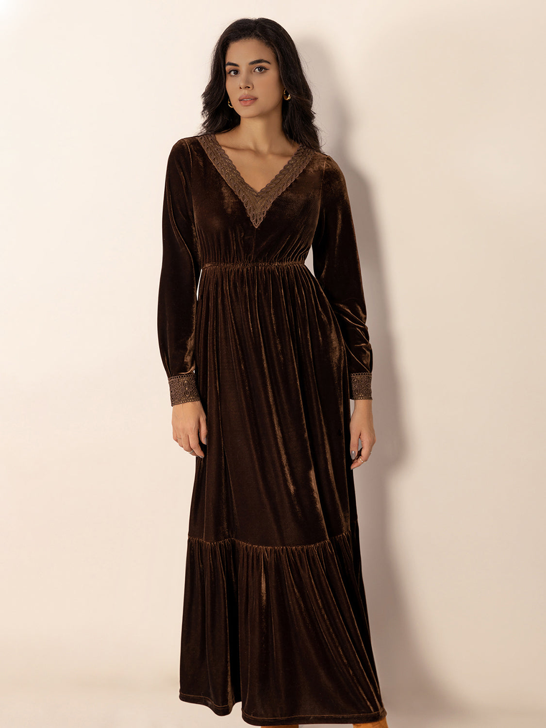 Spirit and Rebel Lace Detail V-Neck Long Sleeve Maxi Dress [Spirit and Rebel]   