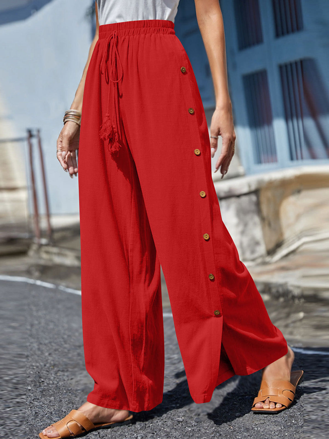 Boho Chic  Plus Size Tassel Wide Leg Pants [Spirit and Rebel] Red S 