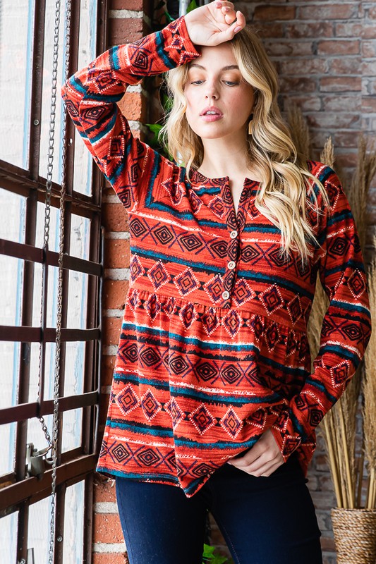 Heimish Plus Size Geometric Button Detail Long Sleeve Babydoll Top [Spirit and Rebel]