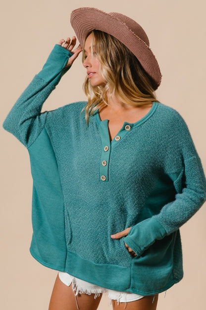 Thumb Opening Long Sleeve Boho Top with Kangaroo Pocket - Spirit and Rebel [Spirit and Rebel]   