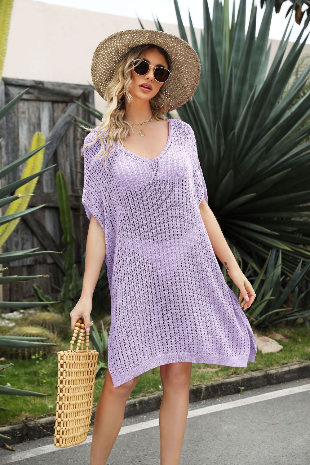 Sunset and Swim Openwork Side Slit Cover-Up Dress Swimsuit Coverup Sunset and Swim Lavender One Size