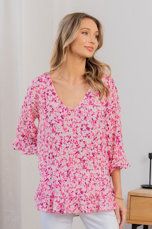 Sew In Love Full Size Floral V-Neck Flounce Sleeve Top [Spirit and Rebel] Pink/Coral S 