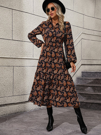 Long Sleeve Collared Boho Wedding Guest Midi Dress [Spirit and Rebel]   