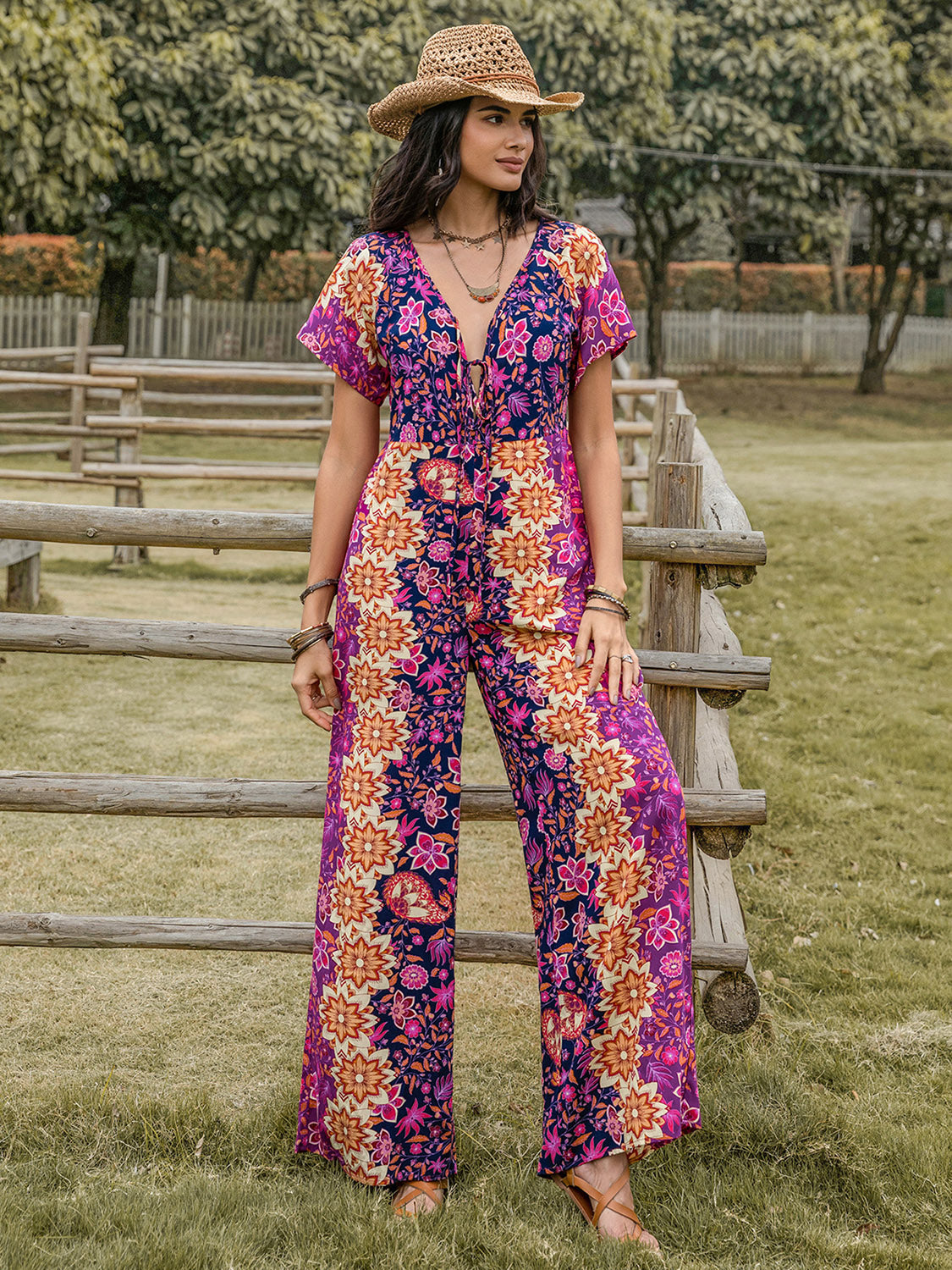 Tied V-Neck Short Sleeve Boho Jumpsuit - Spirit and Rebel [Spirit and Rebel]   