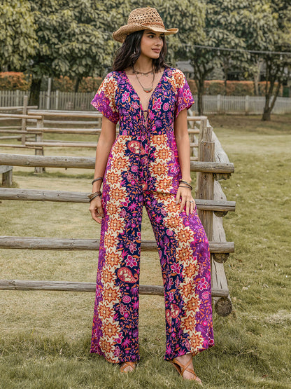 Tied V-Neck Short Sleeve Boho Jumpsuit - Spirit and Rebel [Spirit and Rebel]   