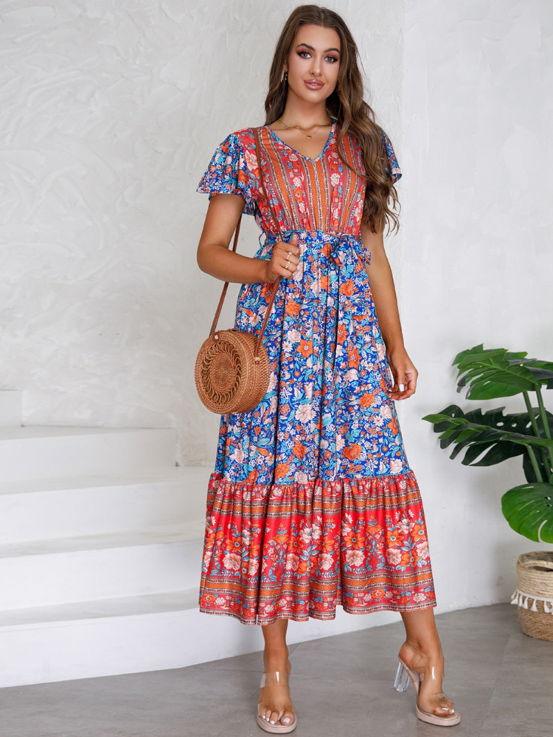 Tied Printed V-Neck Short Sleeve Boho Wedding Guest Dress [Spirit and Rebel]   