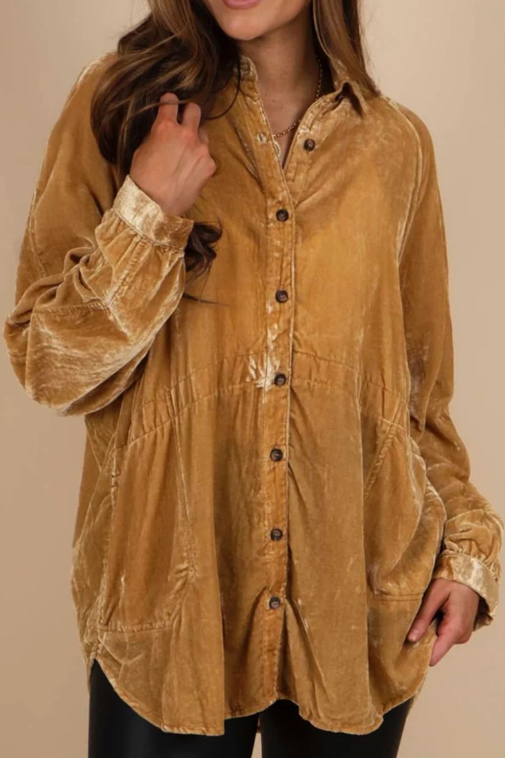 Button Down Loose Fit Velvet Shirt [Spirit and Rebel] Caramel S