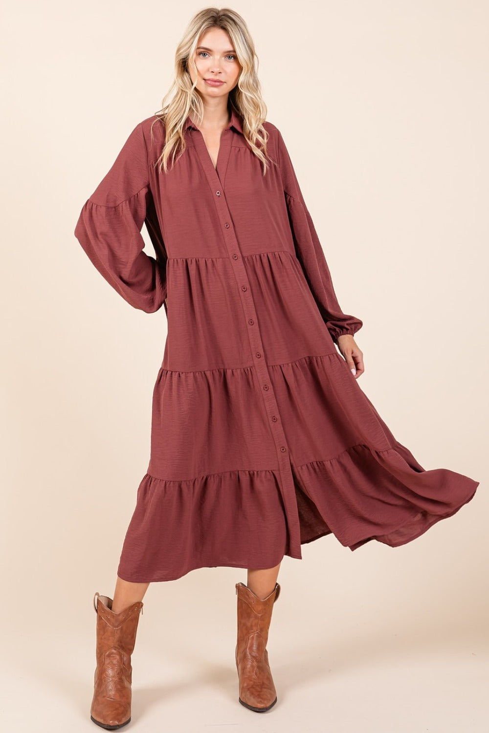 Spirit and Rebel Mittoshop Tiered Button Down Long Sleeve Midi Dress [Spirit and Rebel]   