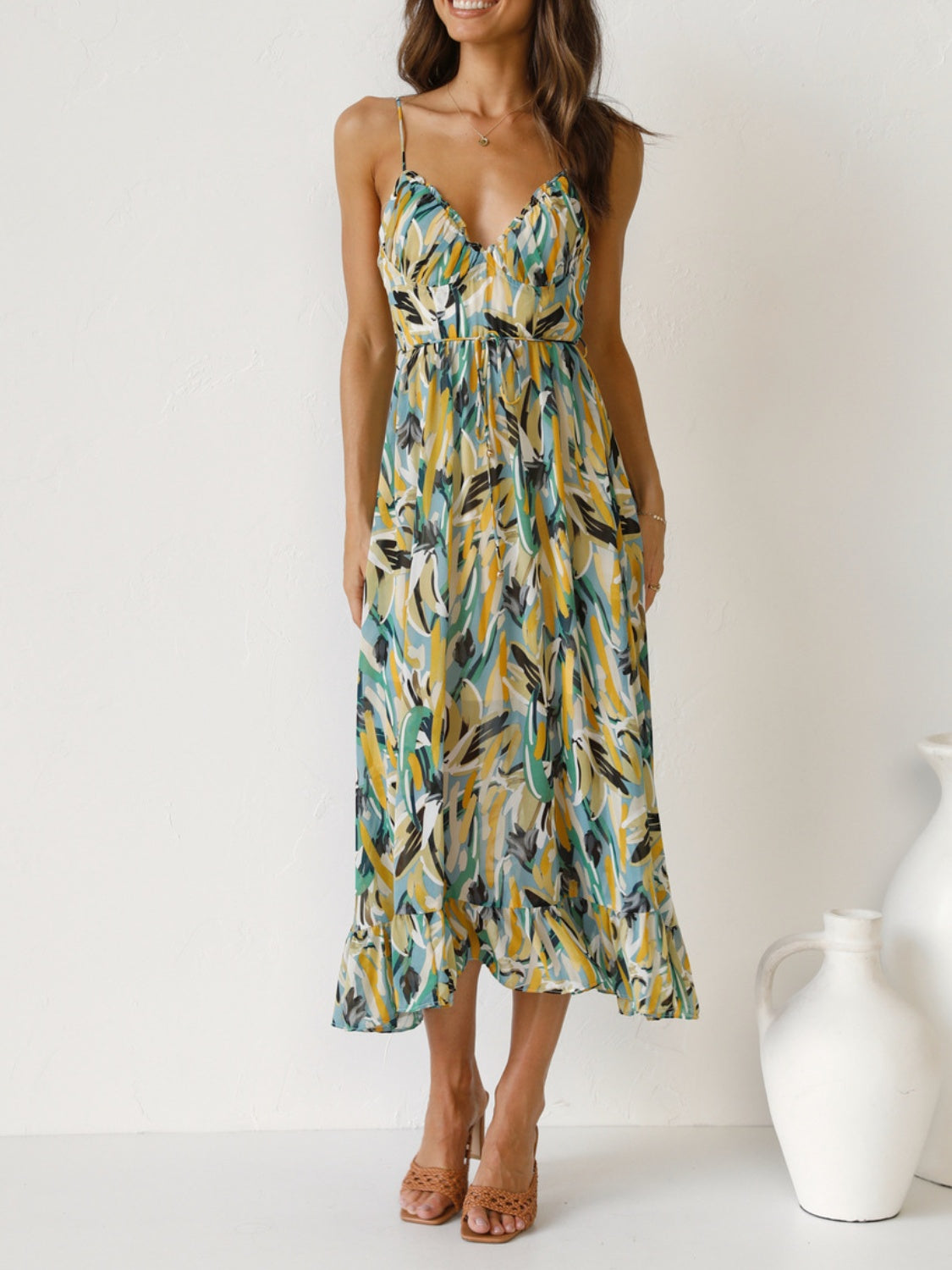 Printed Sleeveless Midi Cami Boho Wedding Guest Dress [Spirit and Rebel] Gum Leaf S 