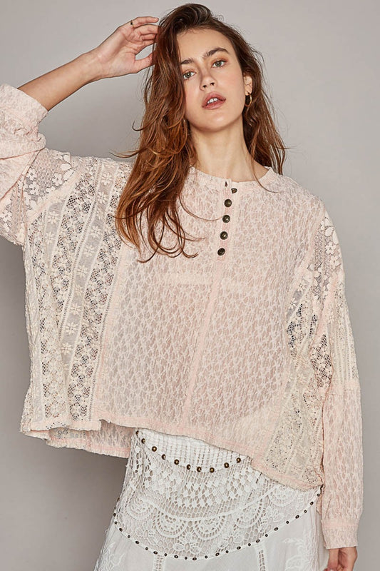 Round Neck Long Sleeve Raw Edge Lace Boho Top - Spirit and Rebel [Spirit and Rebel] Blush S 