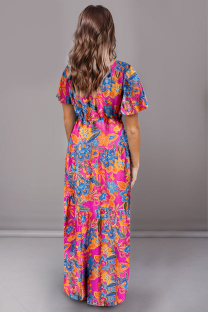 Printed Surplice Short Sleeve Boho Maxi Dress [Spirit and Rebel]   