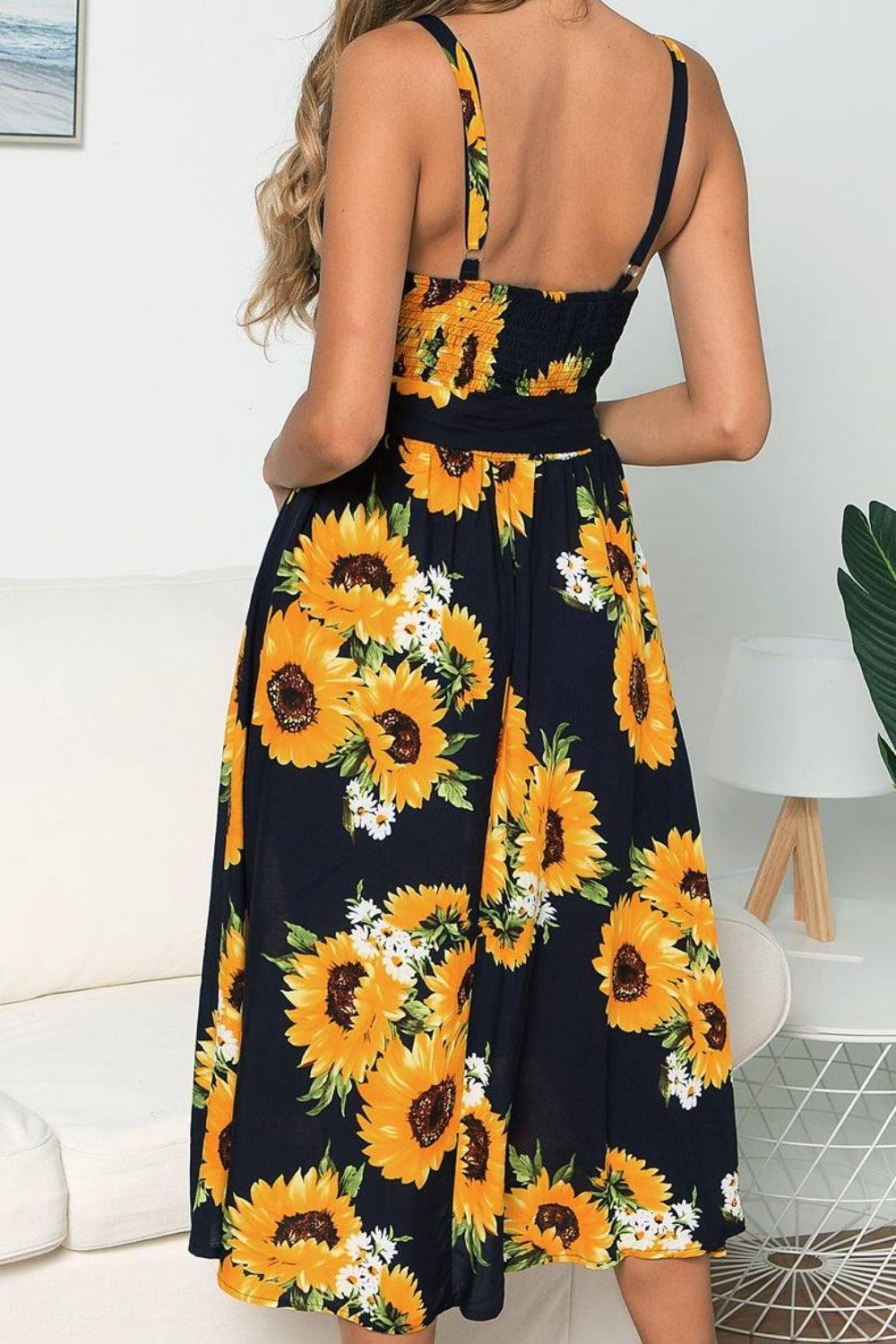 Smocked Sunflower Printed Sleeveless Cami Dress [Spirit and Rebel]   