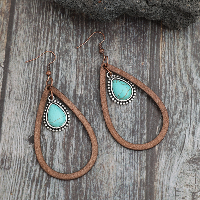 Wooden Turquoise Cutout Teardrop Boho Earrings - Spirit and Rebel [Spirit and Rebel]   