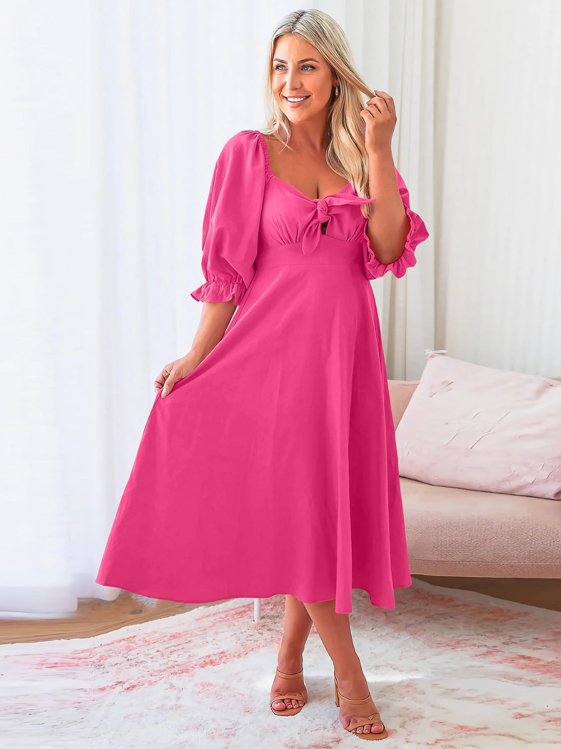 Sweetheart Neck Flounce Sleeve Midi Boho Dress - Spirit and Rebel [Spirit and Rebel] Hot Pink S 