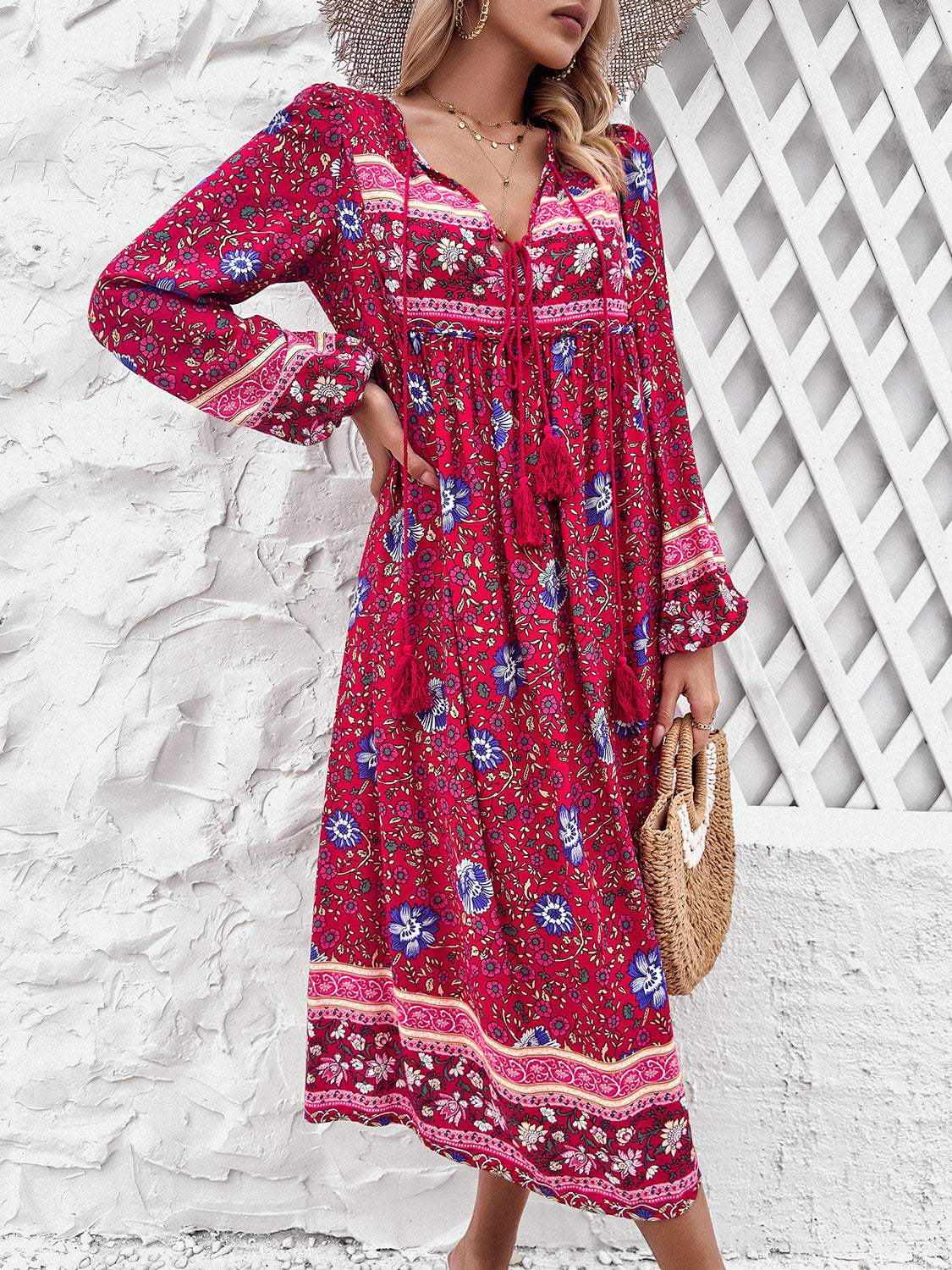 Tassel Tied Printed Long Sleeve Boho Dress [Spirit and Rebel]   