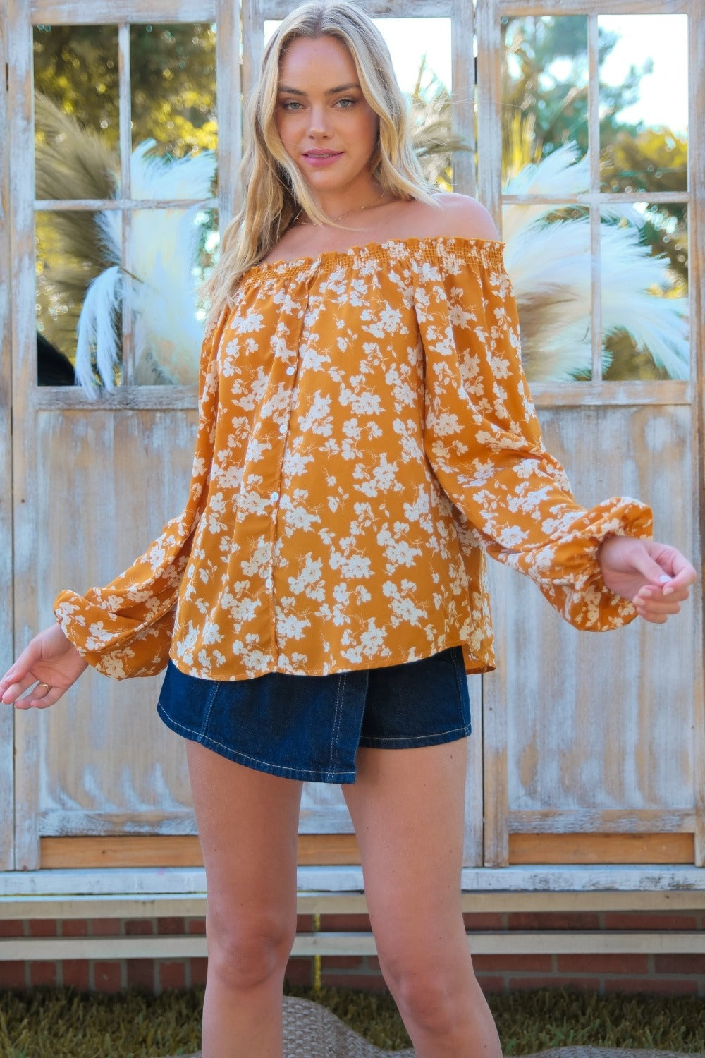 Spirit and Rebel Hailey & Co Floral Off-Shoulder Balloon Sleeve Bohemian Blouse [Spirit and Rebel]   