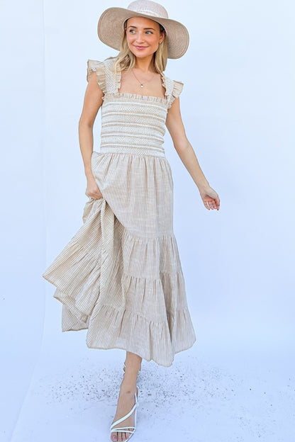 And The Why Linen Striped Ruffle Boho Dress [Spirit and Rebel] NATURAL S 