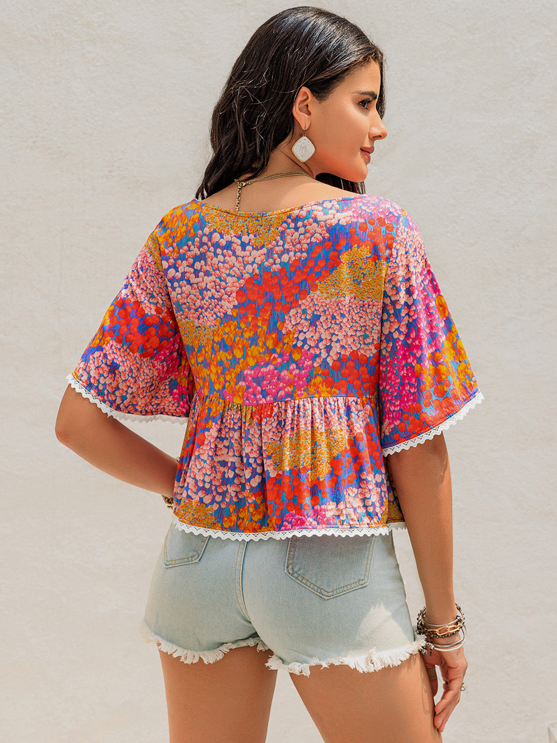 Ruched Printed Half Sleeve Boho Blouse - Spirit and Rebel [Spirit and Rebel]   