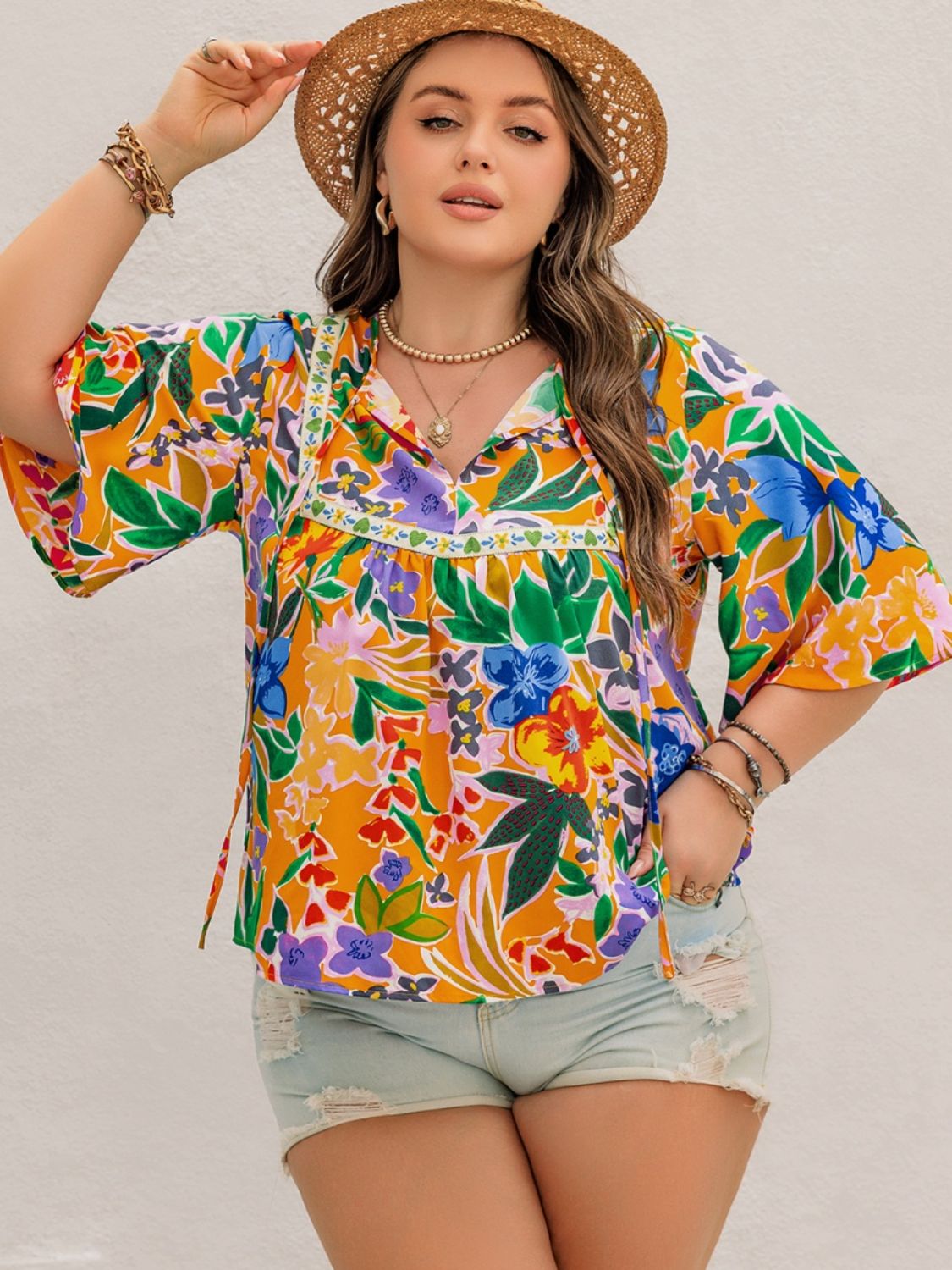 Plus Size Printed Tie Neck Half Sleeve Boho Blouse - Spirit and Rebel [Spirit and Rebel]   