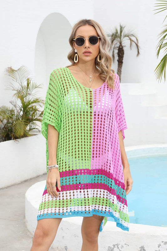 Sunset and Swim Contrast Scoop Neck Openwork Half Sleeve Swimsuit Coverup Sunset and Swim Lime One Size