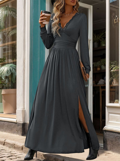 Lace Detail Slit V-Neck Long Sleeve Boho Dress - Spirit and Rebel [Spirit and Rebel] Dark Gray S 