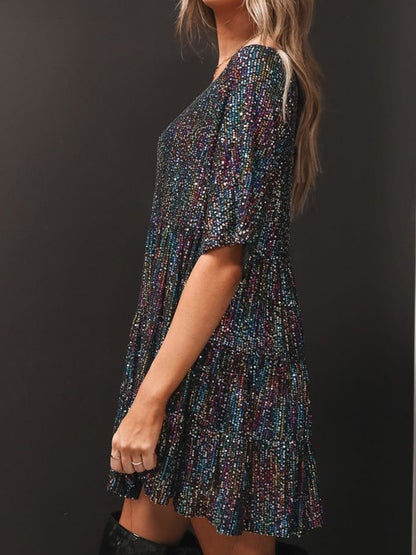 Plus Size Sequin Round Neck Half Sleeve Mini Boho Dress - Spirit and Rebel [Spirit and Rebel]   