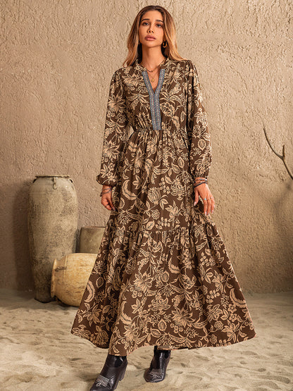 Spirit and Rebel Ruched Printed Notched Long Sleeve Maxi Dress [Spirit and Rebel]   