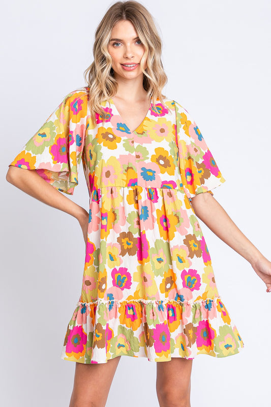 Plus Size Floral V-Neck Ruffle Trim Mini Boho Dress - Spirit and Rebel [Spirit and Rebel] Off White Multi S 