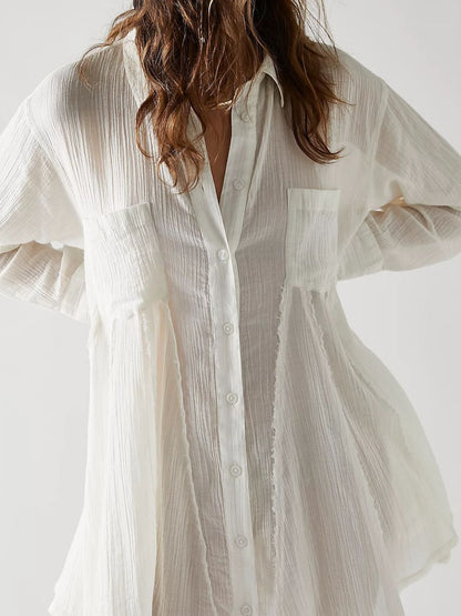 Spirit and Rebel Button Up Collared Neck Long Sleeve Longline Boho Chic Shirt [Spirit and Rebel]   