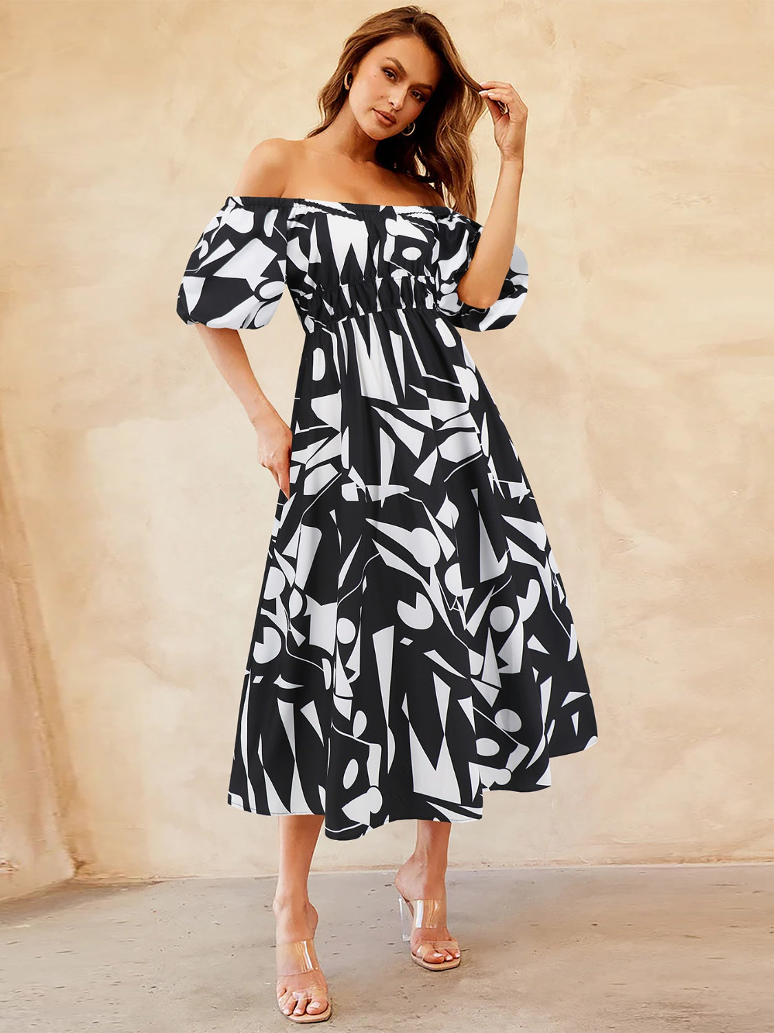 Printed Off-Shoulder Balloon Sleeve Dress [Spirit and Rebel] Black S 