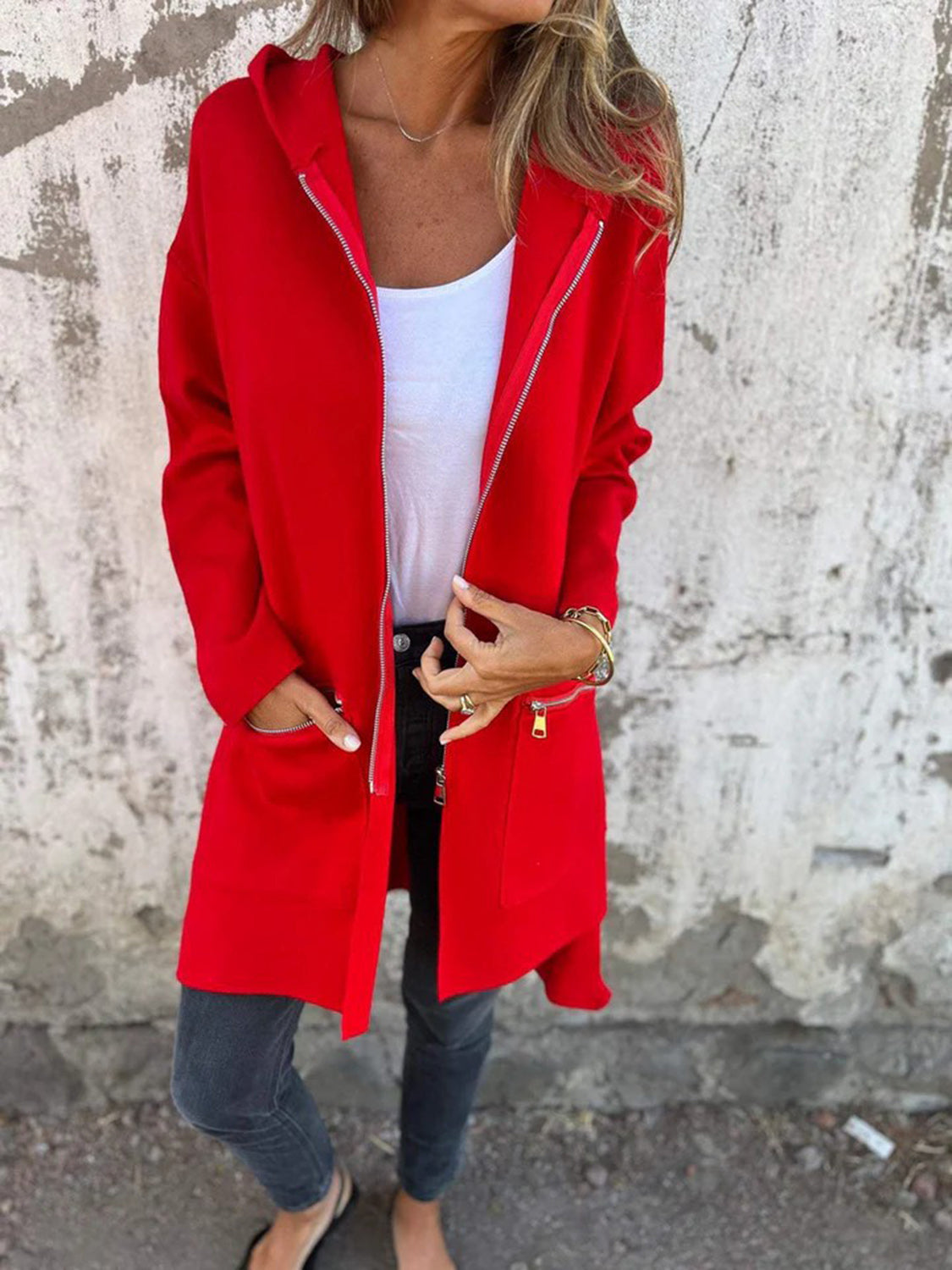 Plus Size Zip Up Drop Shoulder Longline Hooded Jacket