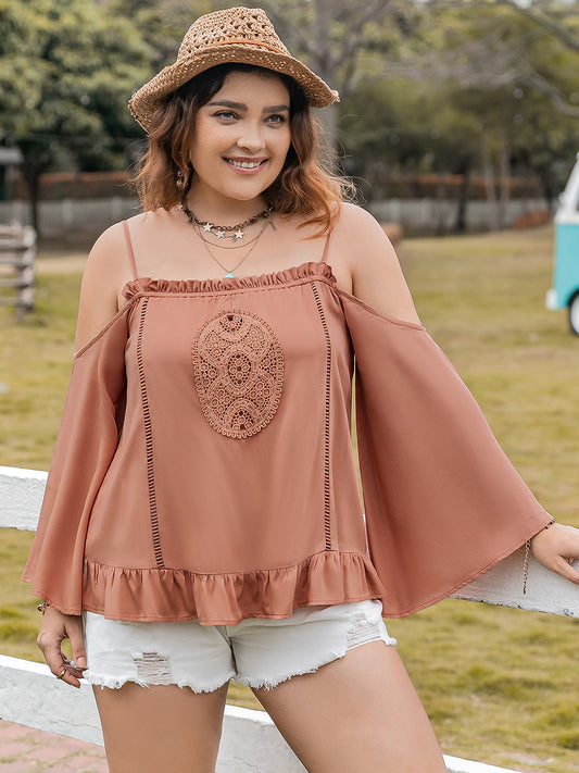 Plus Size Frill Square Neck Long Sleeve Boho Blouse - Spirit and Rebel [Spirit and Rebel] Caramel 0XL 