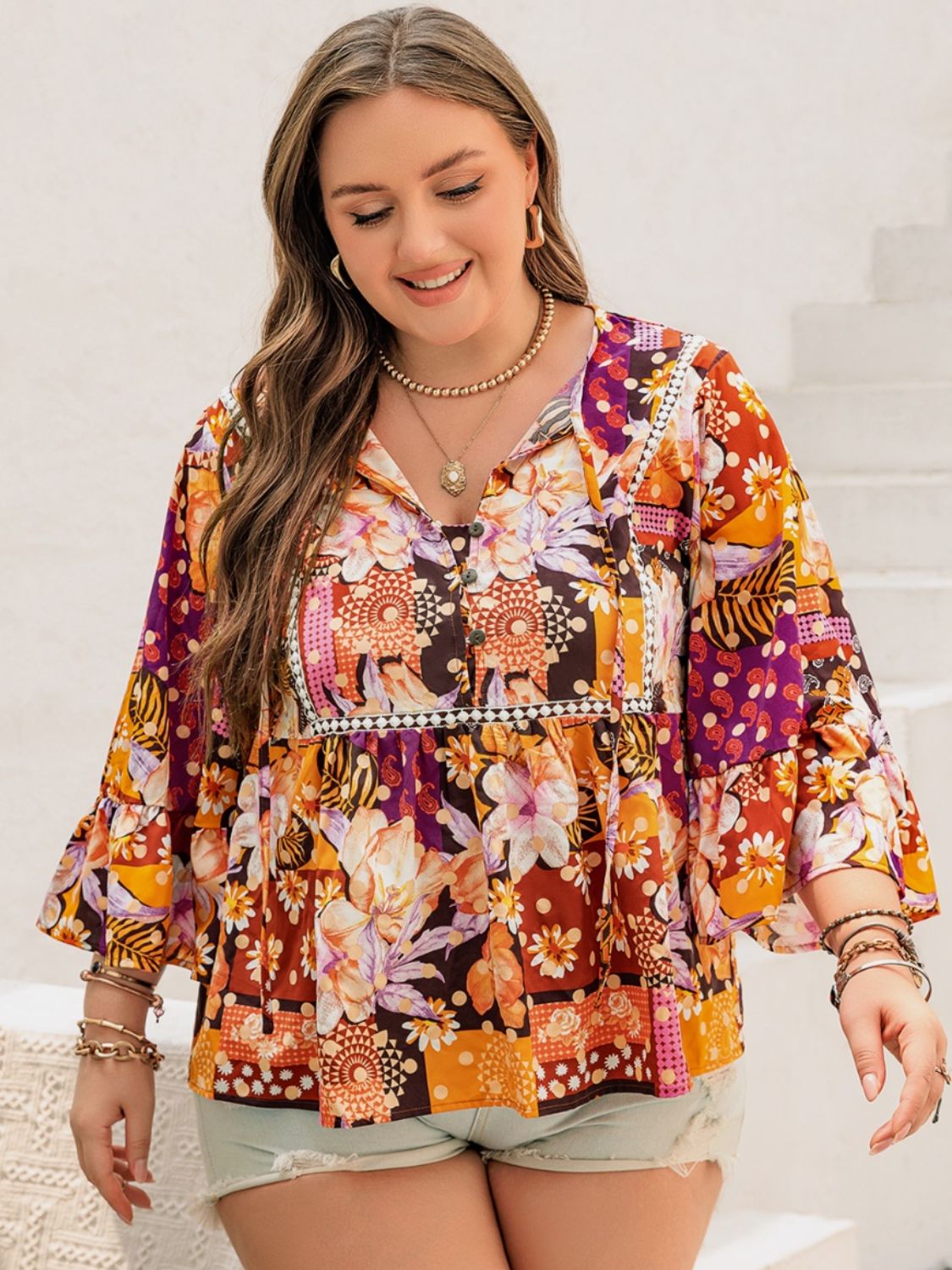 Plus Size Printed Tie Neck Boho Blouse - Spirit and Rebel [Spirit and Rebel]   