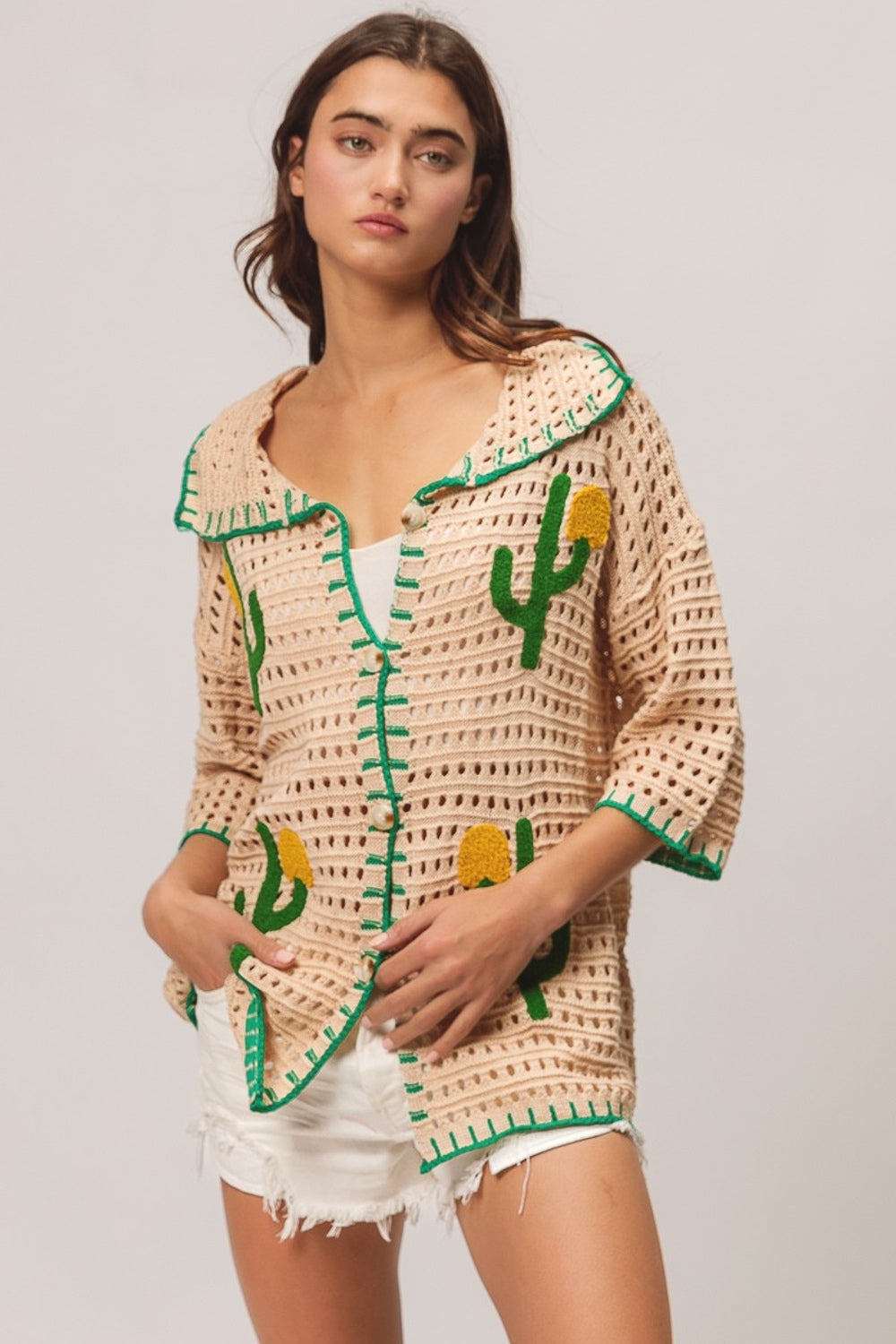 Edge Stitched Cactus Patch Boho Sweater Boho Cardigan - Spirit and Rebel [Spirit and Rebel]   