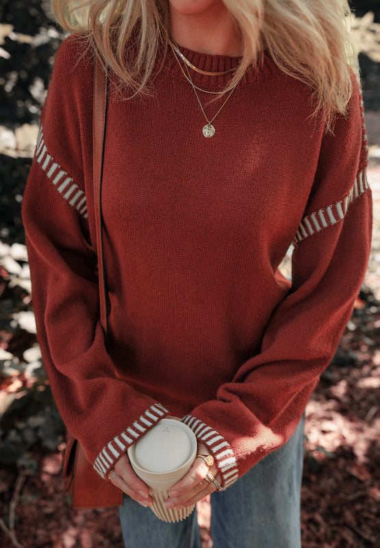 Spirit and Rebel Striped Detail Round Neck Dropped Shoulder Boho Sweater [Spirit and Rebel]   