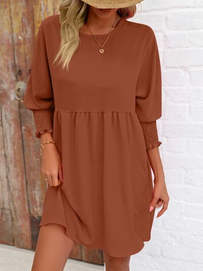 Round Neck Lantern Sleeve Mini Dress [Spirit and Rebel] Caramel S 