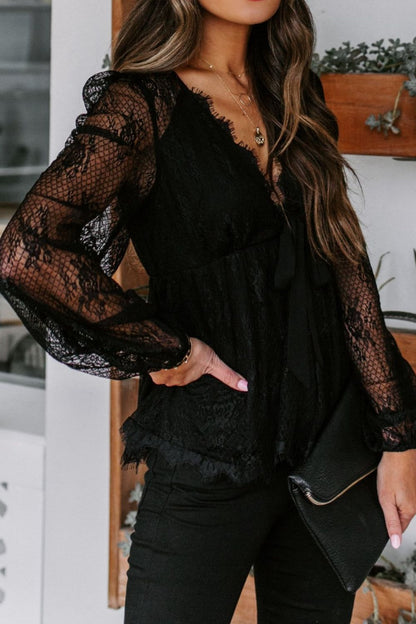 Boho Chic  Lace Detail Plunge Long Sleeve Blouse [Spirit and Rebel] Black S 