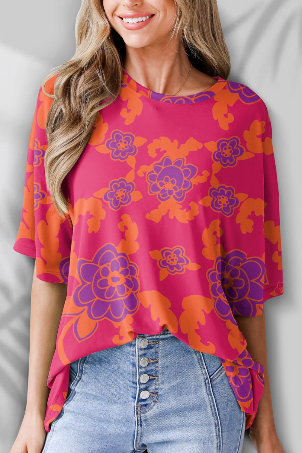 Printed Round Neck Half Sleeve Boho T-Shirt [Spirit and Rebel] Deep Rose S 