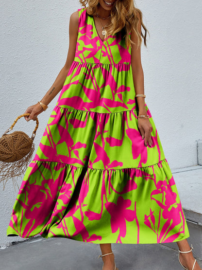 Boho Chic  Tiered Printed V-Neck Sleeveless Dress [Spirit and Rebel] Lime S 