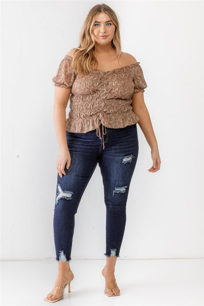 Plus Size Frill Ruched Off-Shoulder Short Sleeve Boho Blouse - Spirit and Rebel [Spirit and Rebel]   