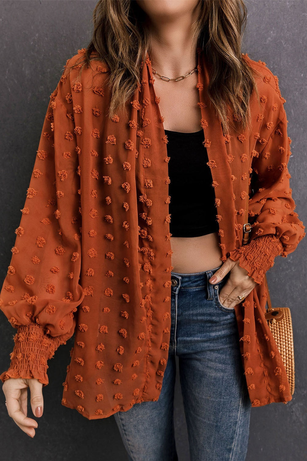 Swiss Dot Long Sleeve Boho Jacket [Spirit and Rebel] Caramel S 